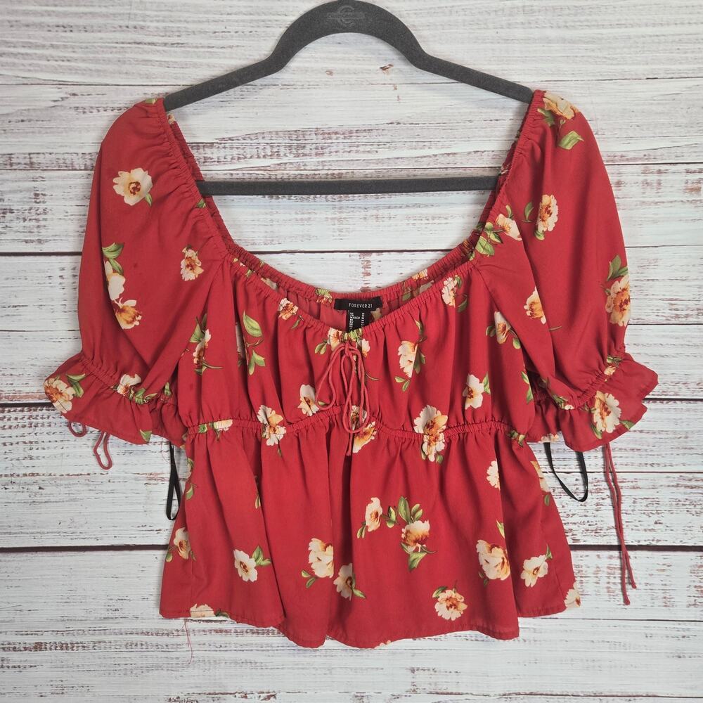 Forever 21 Red Floral Babydoll Top M Y2K Fairy Whimsical Crop Short Puff Sleeves